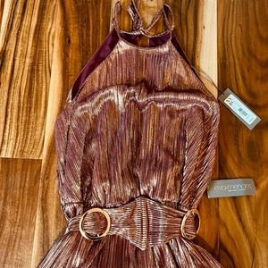 Eva Mendes rose bronze/gold halter dress